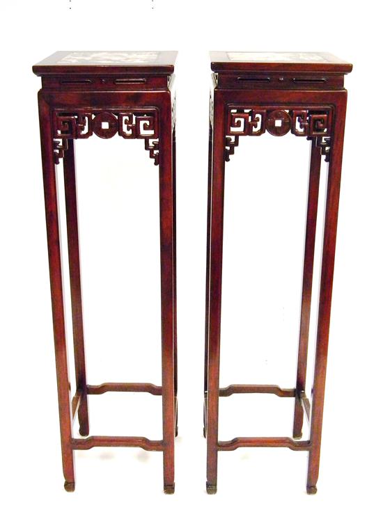 Appraisal: Pair Chinese tall stands inset square marble top pierced frieze