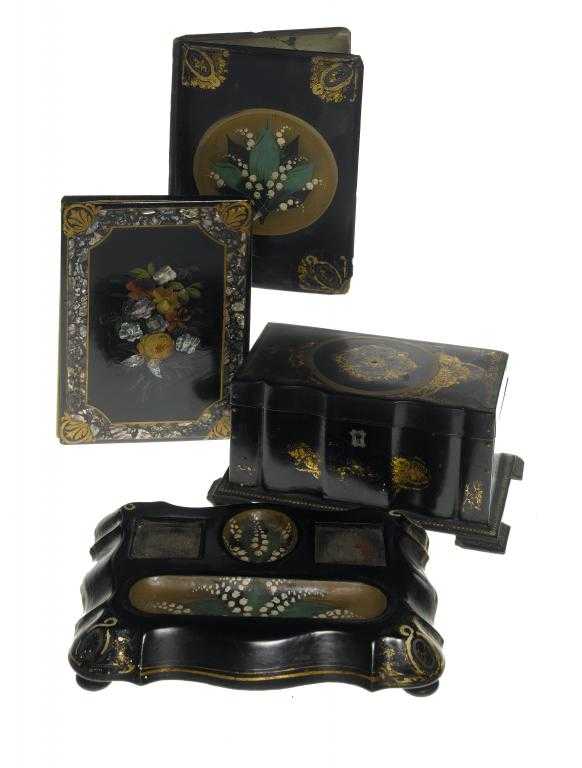 Appraisal: A PAPIER M CH TEA CADDY AN INKSTAND AND MATCHING