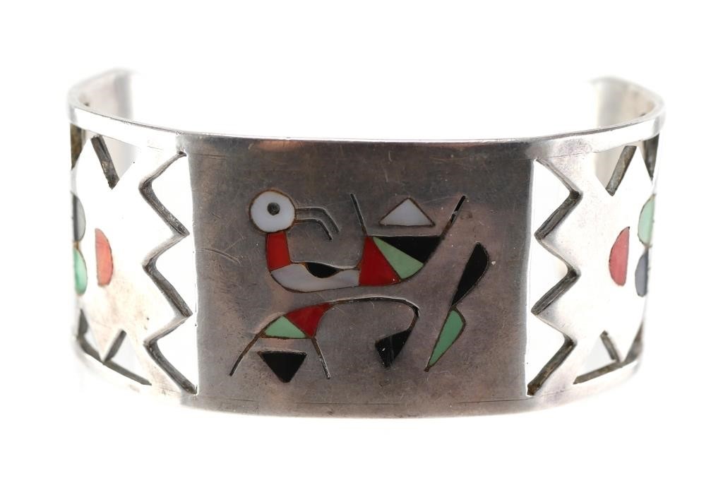 Appraisal: Native American style sterling silver coral onyx and turquoise inlay