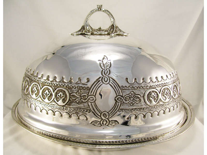 Appraisal: Silverplated Domed Meat Cover w undertray Decorated banded design with