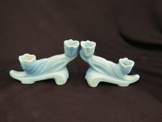 Appraisal: Pair of Van Briggle Pottery Candleholders floraform double light turquoise