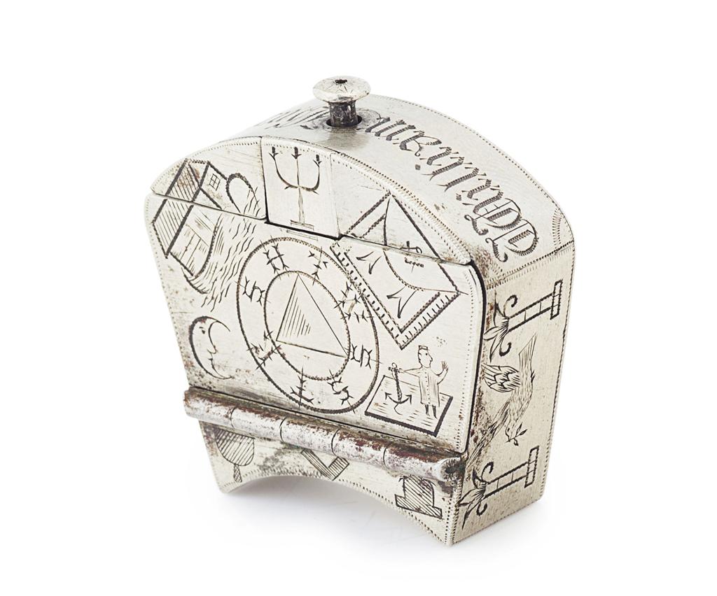 Appraisal: WHITE METAL MASONIC SNUFF BOX TH CENTURY the shaped arched