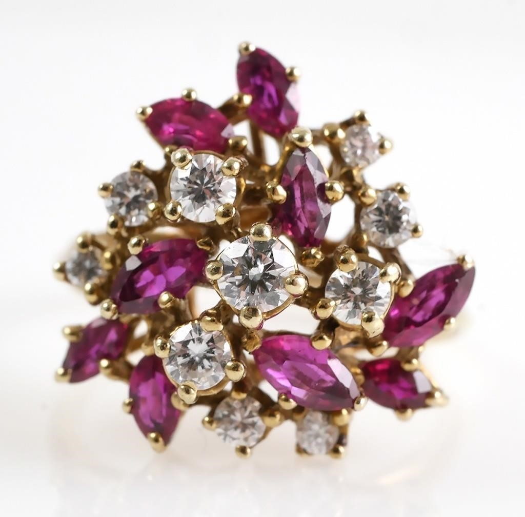 Appraisal: K yellow gold diamond and ruby cluster ring with marquise