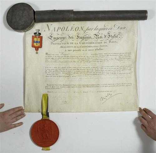 Appraisal: NAPOLEONICA - GENEALOGY - PATENT Partly printed parchment decorated with