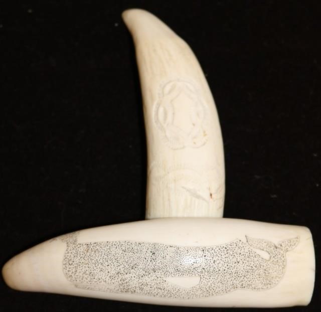 Appraisal: TWO TH C SCRIMSHAW WHALE'S TEETH TO INCLUDEONE DEPICTING A