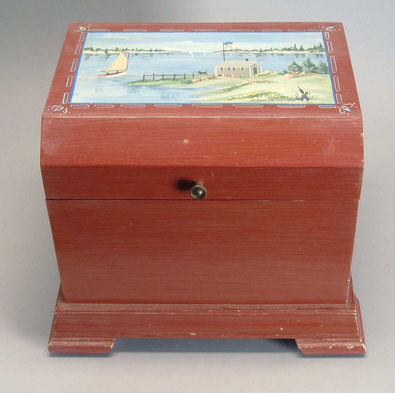 Appraisal: SMALL LIFT-TOP TRUNK Top decorated with painting of Cape Cod