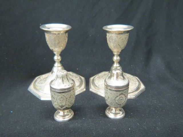 Appraisal: pcs Persian Silver pair of candleholders and salt pepper grams