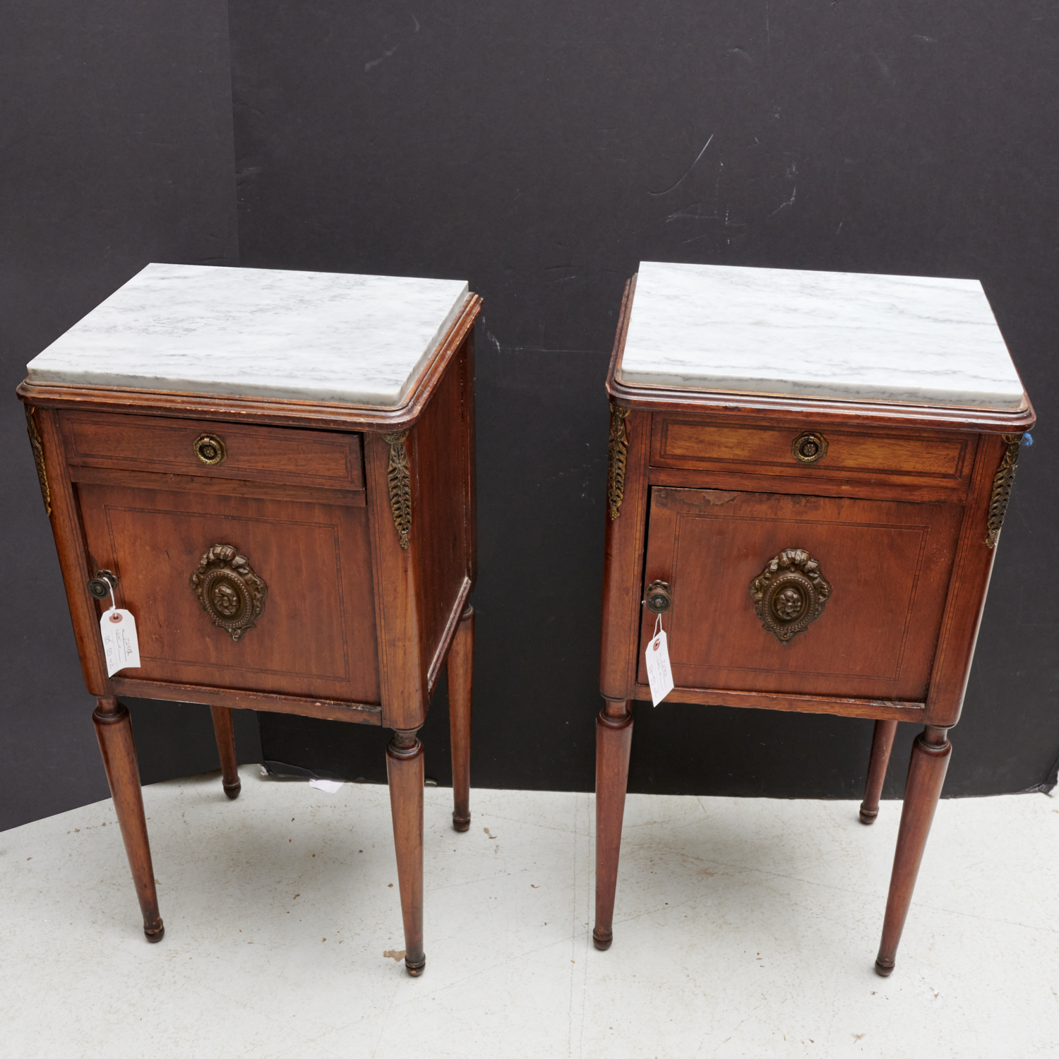 Appraisal: PAIR BELLE EPOQUE MARBLE TOP NIGHT TABLES Early th c