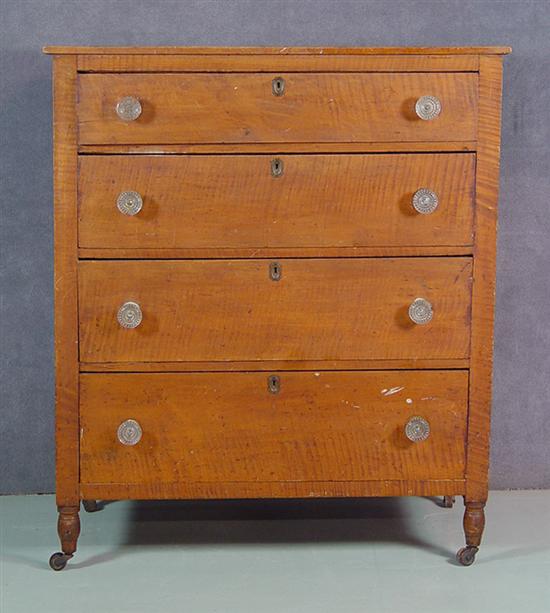 Appraisal: Four Drawer Tiger Maple Chest Sandwich type pulls one mismatched