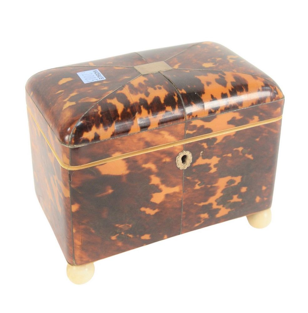 Appraisal: Regency Tortoiseshell Tea Caddy having silver inlay lift top opening