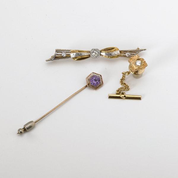 Appraisal: GEM-SET DIAMOND JEWELRY th C k bow brooch k stick-pin