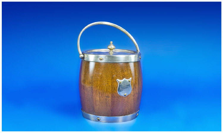 Appraisal: Mahogany Biscuit Barrel With Silver Plated Mounts Swing Handle Shield