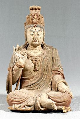 Appraisal: Chinese carved wood Guanyin seated figure with raised right hand