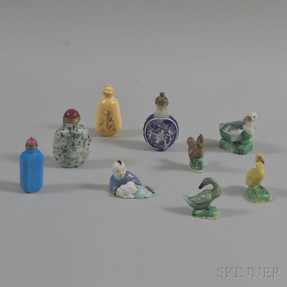 Appraisal: Nine Chinese Snuff Bottles and Mud Figures four snuff bottles