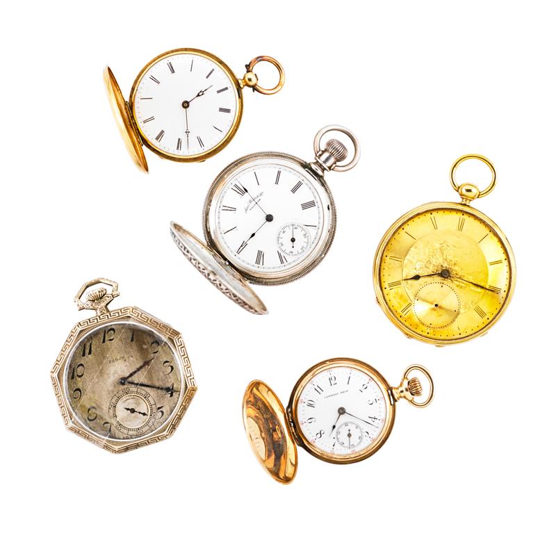 Appraisal: FIVE GOLD OR SILVER POCKET WATCHES Cylinder escapements four gold