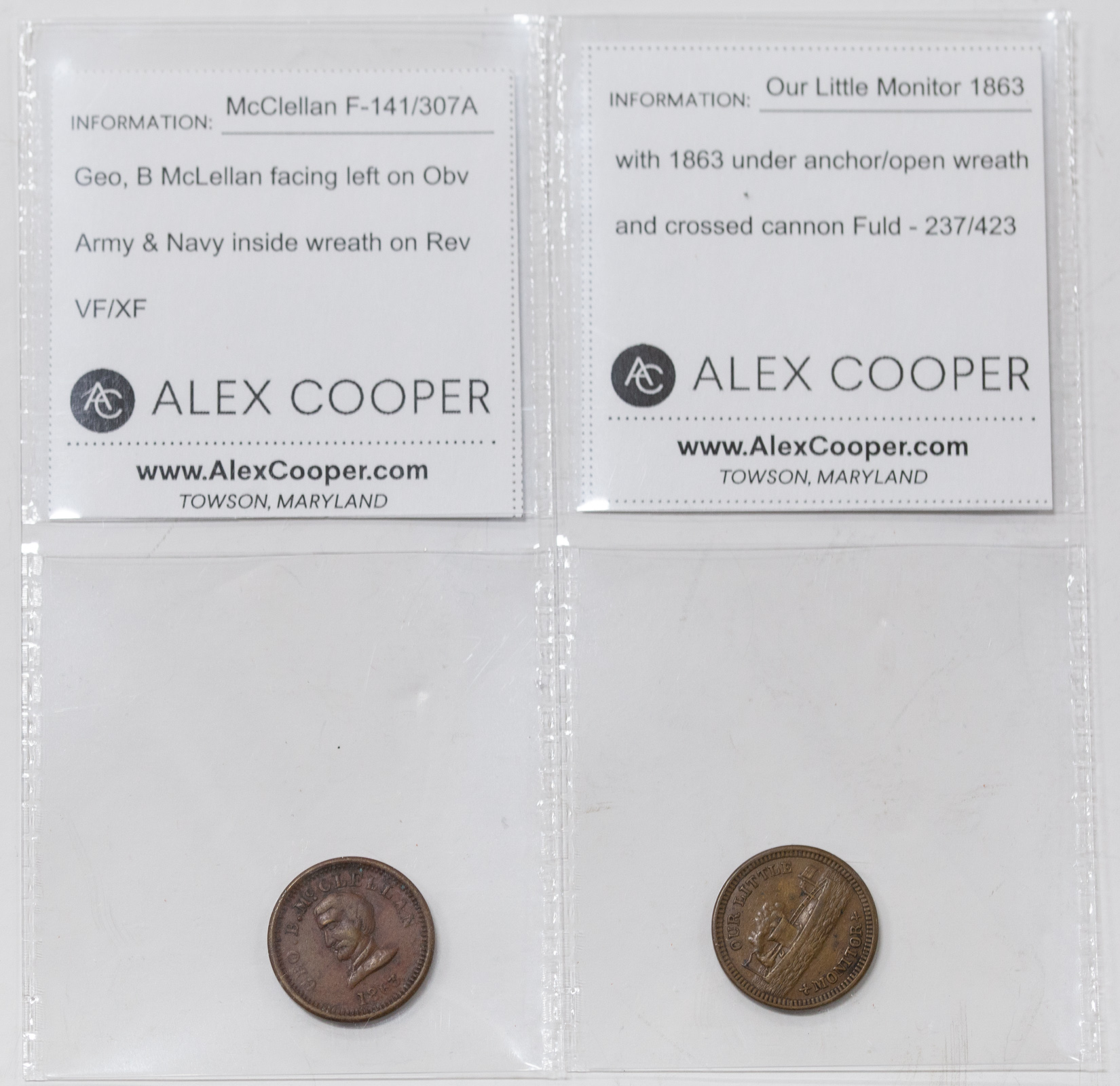 Appraisal: TWO CIVIL WAR TOKENS - WAR FIGURES Our Little Monitor