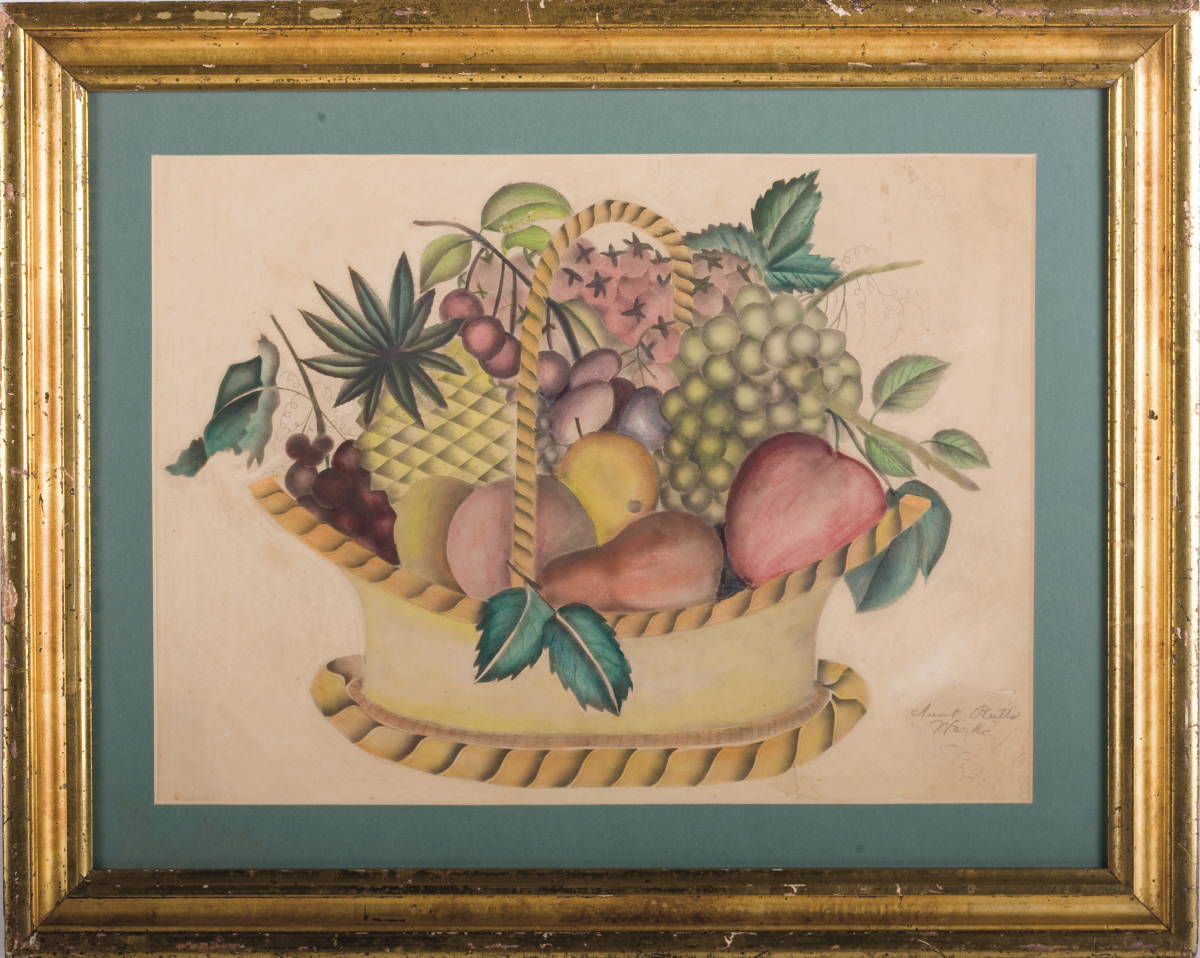 Appraisal: AMERICAN THEOREM PAINTING OF A BASKET OF FRUIT Executed in