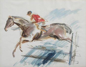 Appraisal: John Groth American b Horse and rider jumping a hurdle