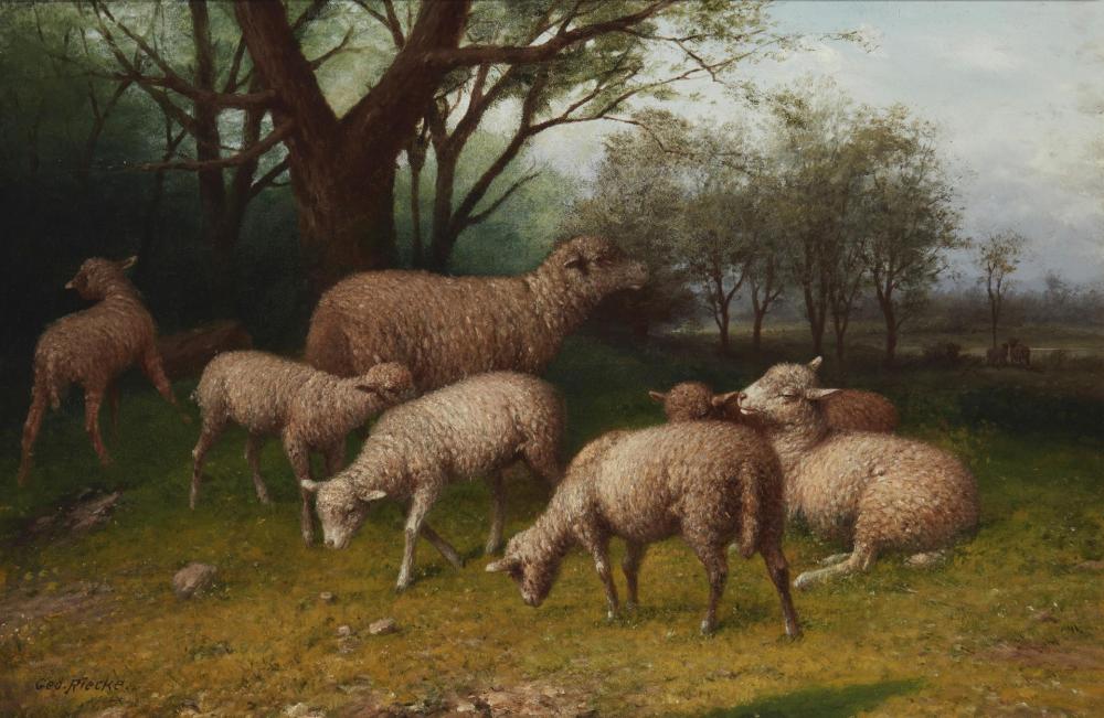 Appraisal: George Riecke - American Landscape with sheep Oil on canvas