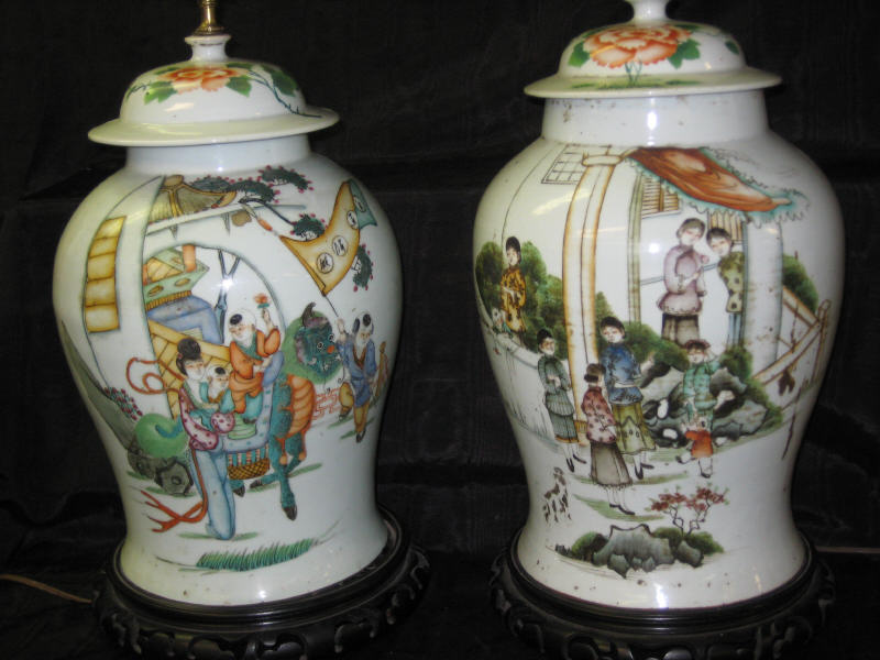 Appraisal: PAIR OF CHINESE HAND PAINTED LIDDED GINGER JARS With hat