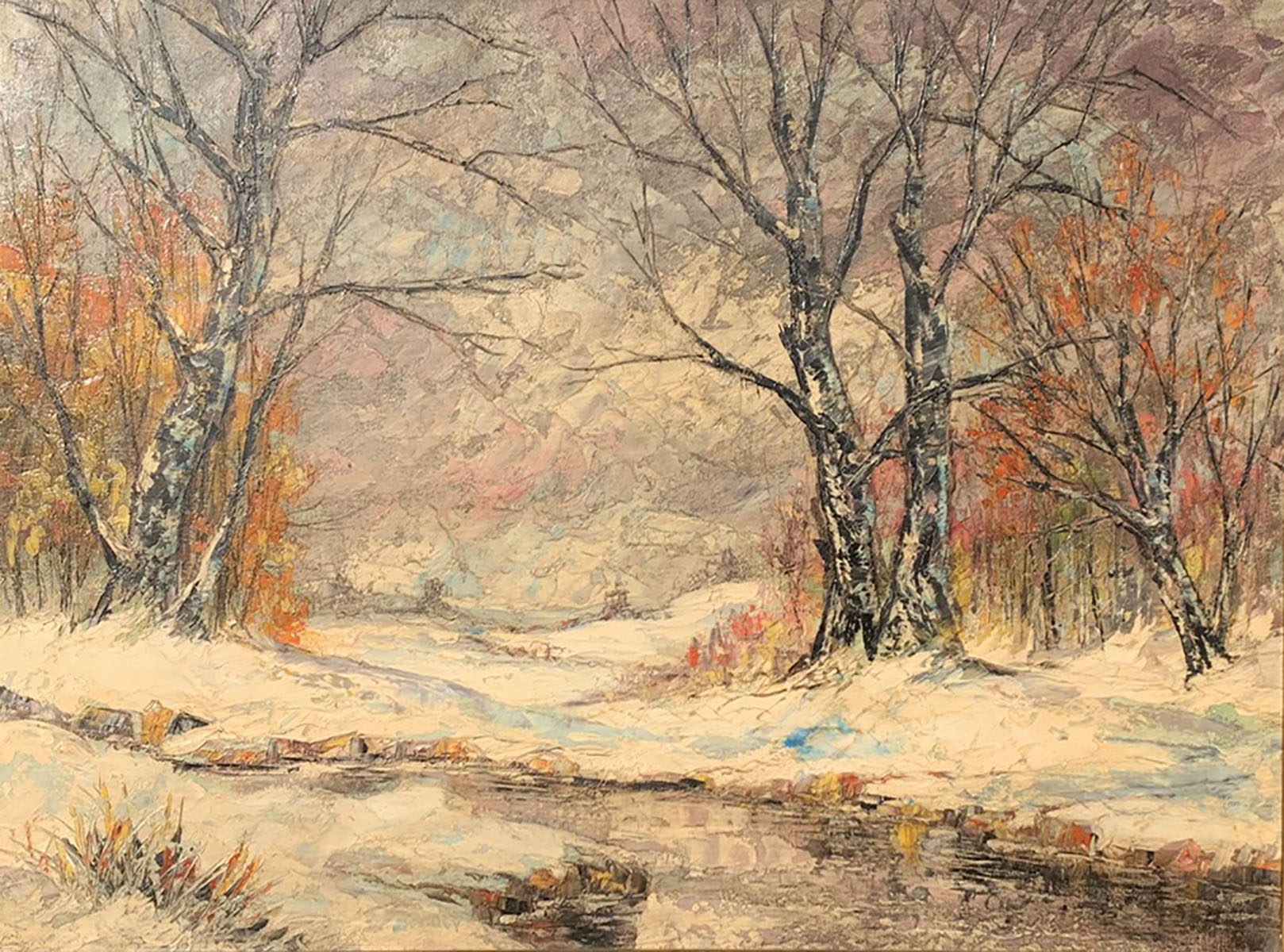 Appraisal: WINTER LANDSCAPE PAINTING WITH STREAM MYSTERY oil Canvas with heavy