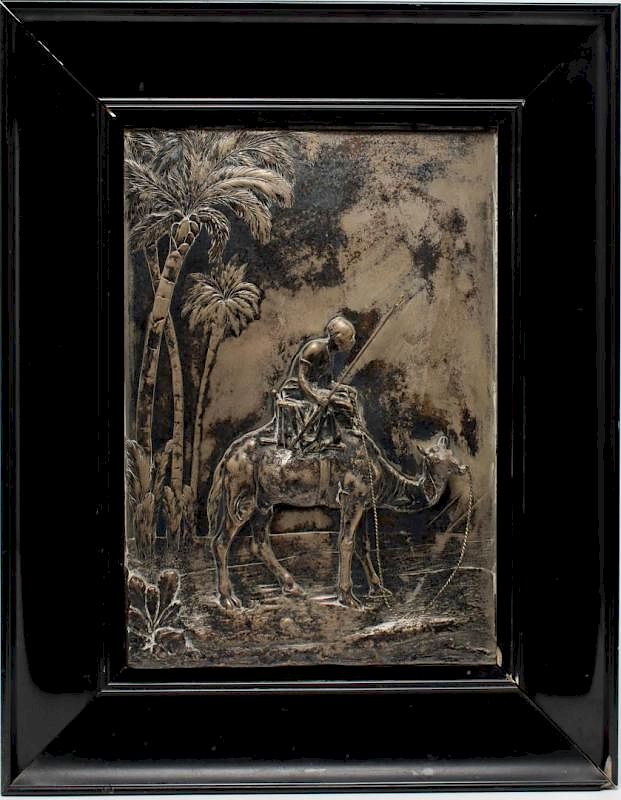 Appraisal: Silvered Bronze Orientalist Camel Rider Silvered bronze Orientalist high relief