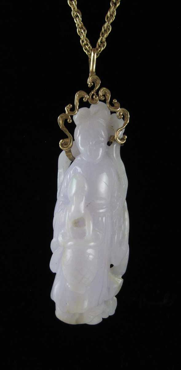 Appraisal: FIGURAL CARVED LAVENDER JADE PENDANT AND FOURTEEN KARAT GOLD ROPE