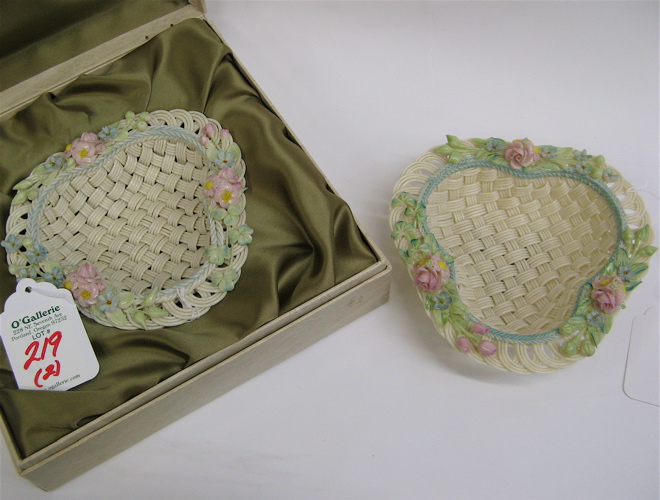 Appraisal: TWO IRISH BELLEEK FOUR STRAND TRIFOLD BASKETS each having painted