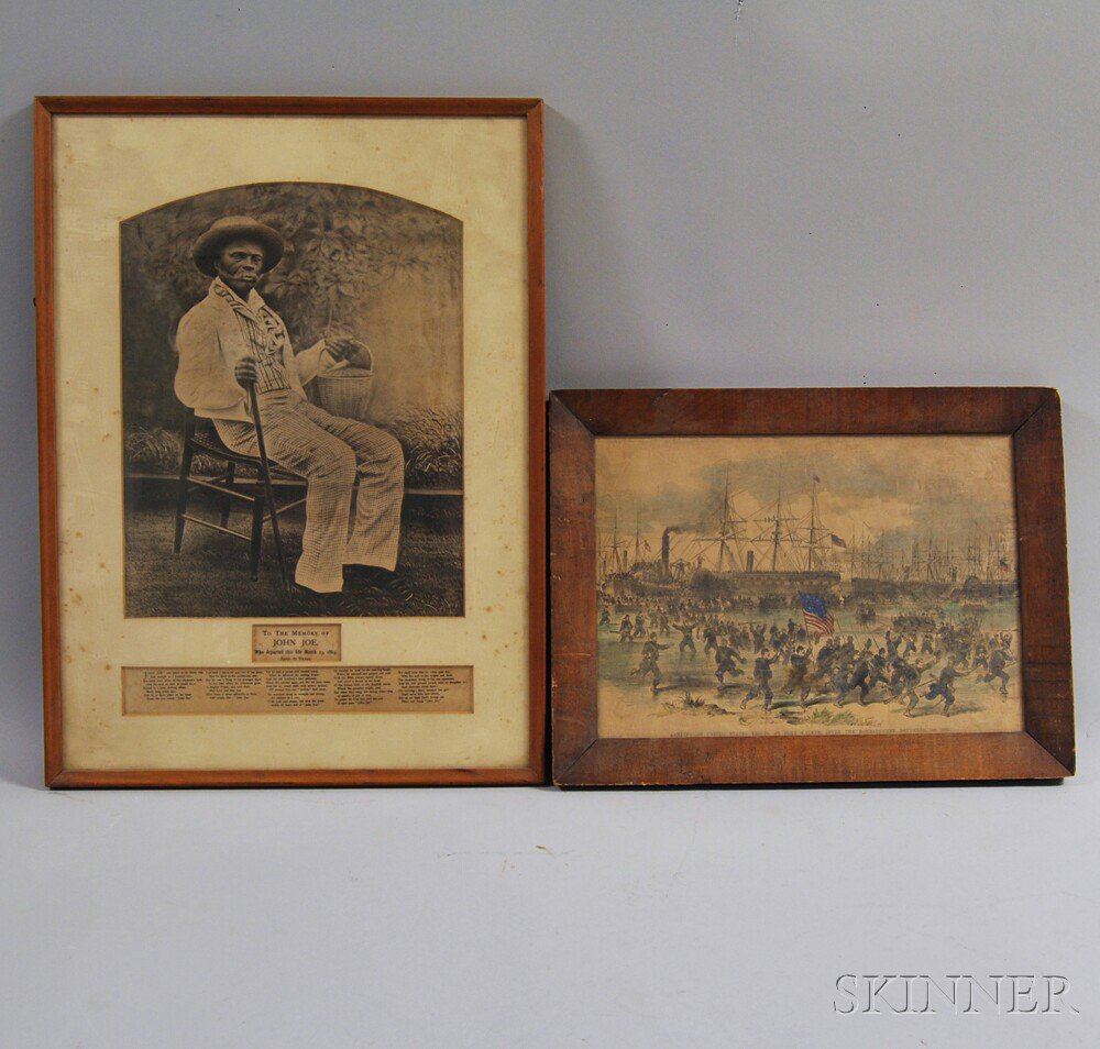 Appraisal: Two Framed Works a hand-colored engraving titled Landing of United