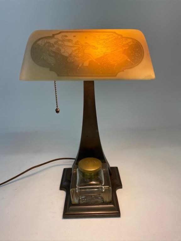 Appraisal: Faux bronze spelter metal inkwell lamp circa labeled 'Amponlite' h