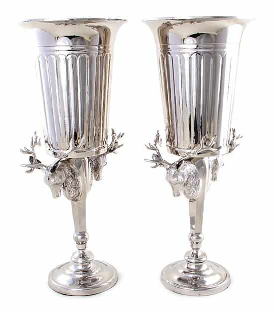 Appraisal: Impressive pair silverplate vases oversized reeded bowl on stem flanked