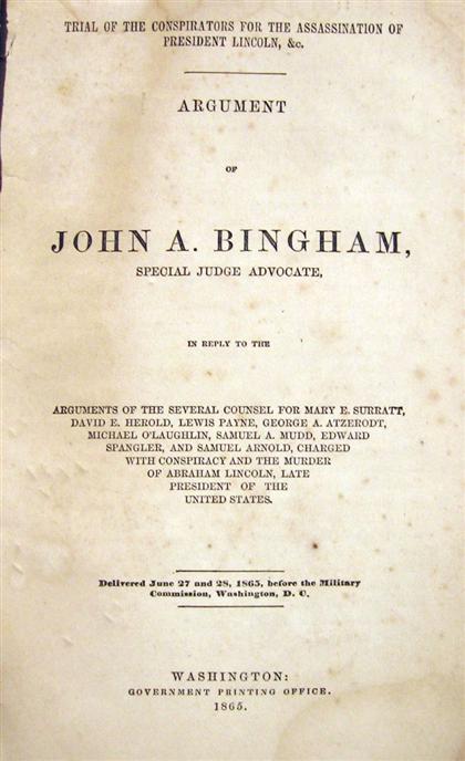 Appraisal: vol Abraham Lincoln Assassination Trial Bingham John Argument of John