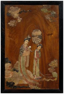 Appraisal: Chinese stone-inlaid panel figured wood inlaid with soft stones female