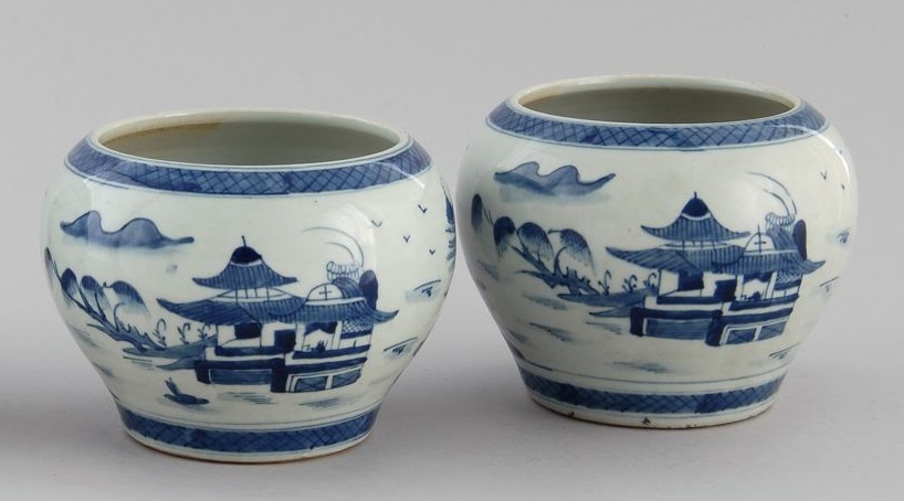 Appraisal: PAIR OF OVOID BLUE AND WHITE CANTON PORCELAIN VASES Height