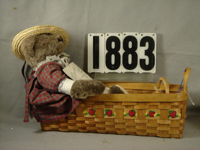 Appraisal: Mary Applebear on stand with hat basket and apple accessories