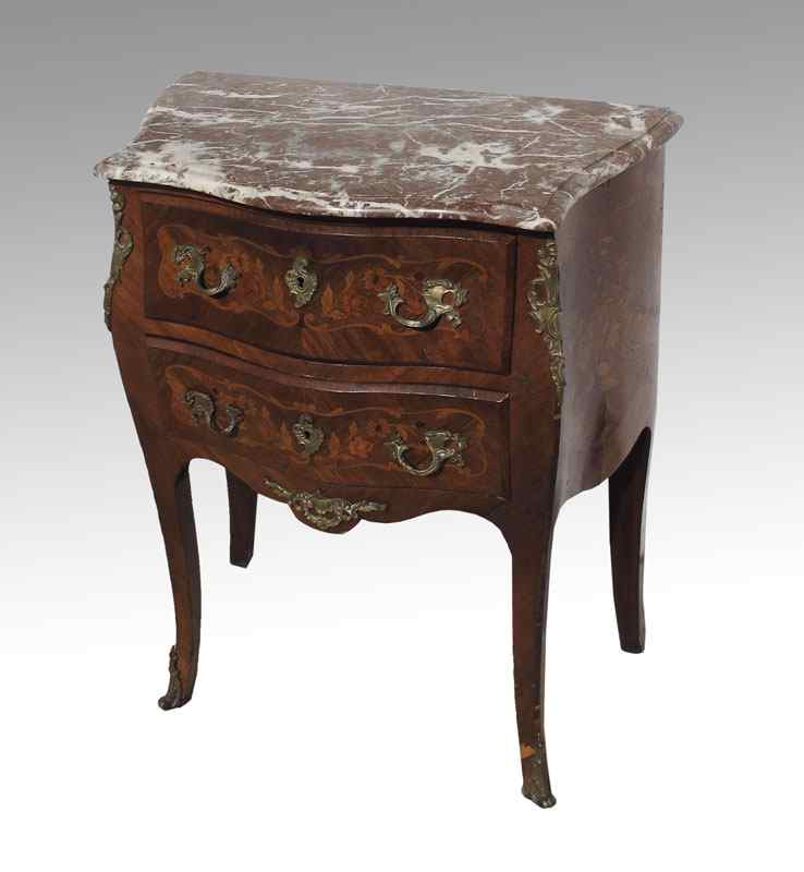 Appraisal: FRENCH MARBLE TOP INLAID TWO DRAWER STAND Marble top over