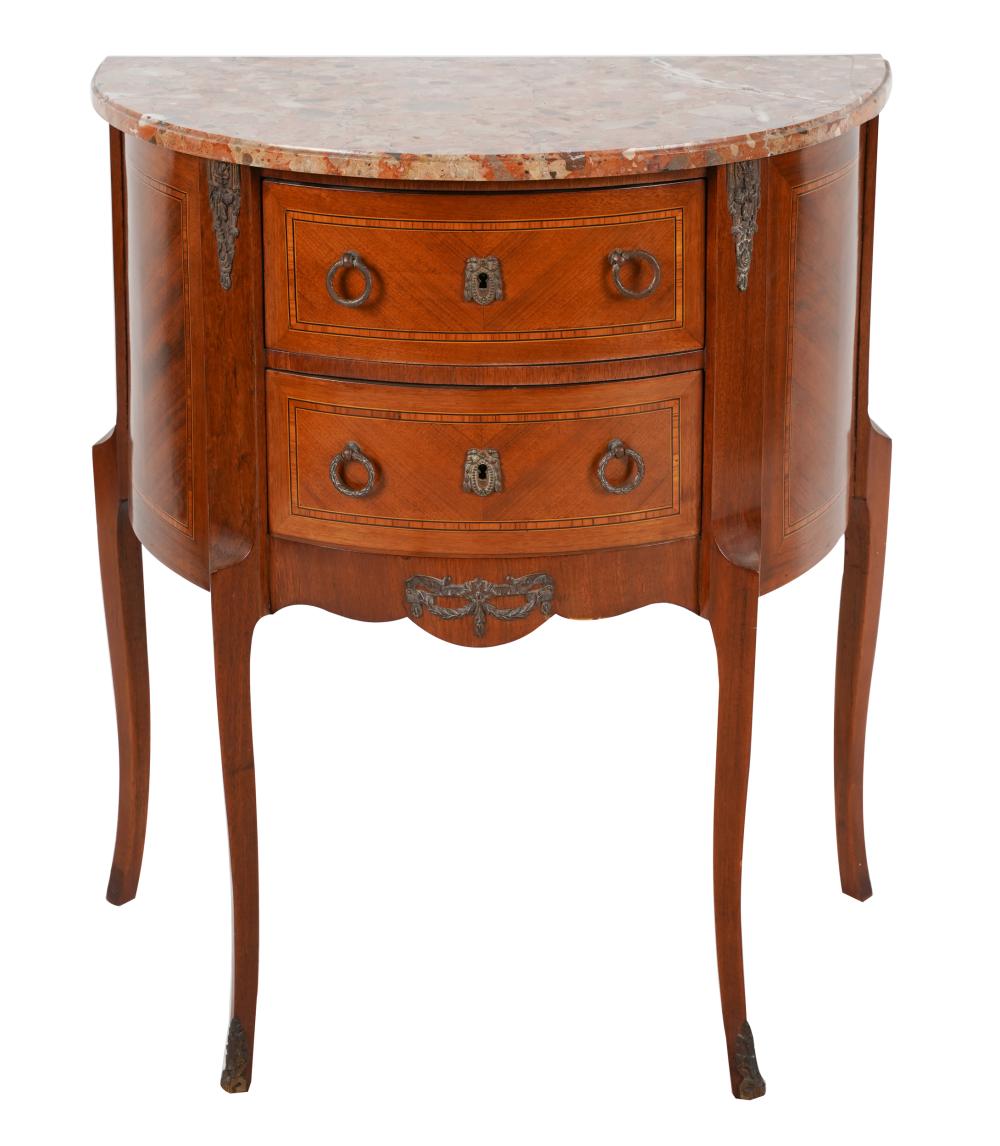 Appraisal: MARBLE-TOP DEMILUNE PETITE COMMODEearly th century with two drawers Condition