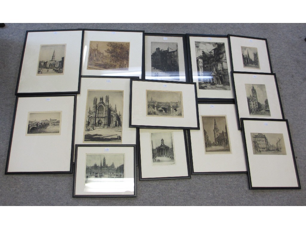 Appraisal: Lot comprising ten etchings and three prints to include TOM