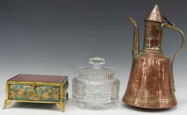 Appraisal: lot of Decorative glass and copper table items comprising round