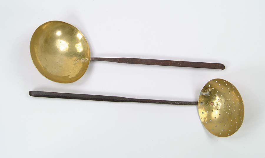 Appraisal: BRASS AND IRON DIPPER AND SKIMMER Long wrought iron handles