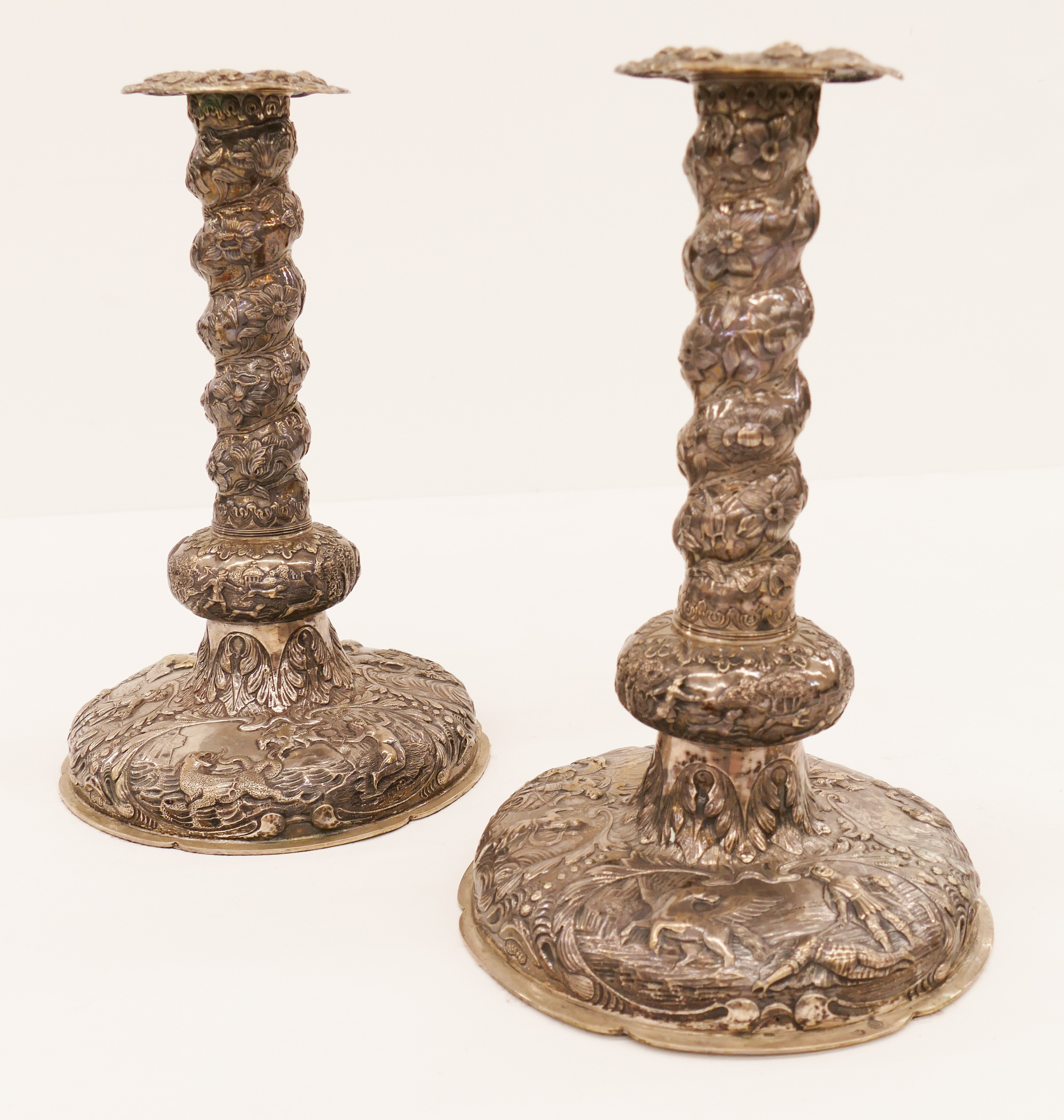 Appraisal: Pair Antique Dutch Repousse Silver Candlesticks ''x '' Ornate pair