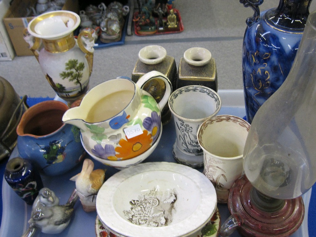 Appraisal: Tray lot of assorted ceramics plus a cranberry glass lamp