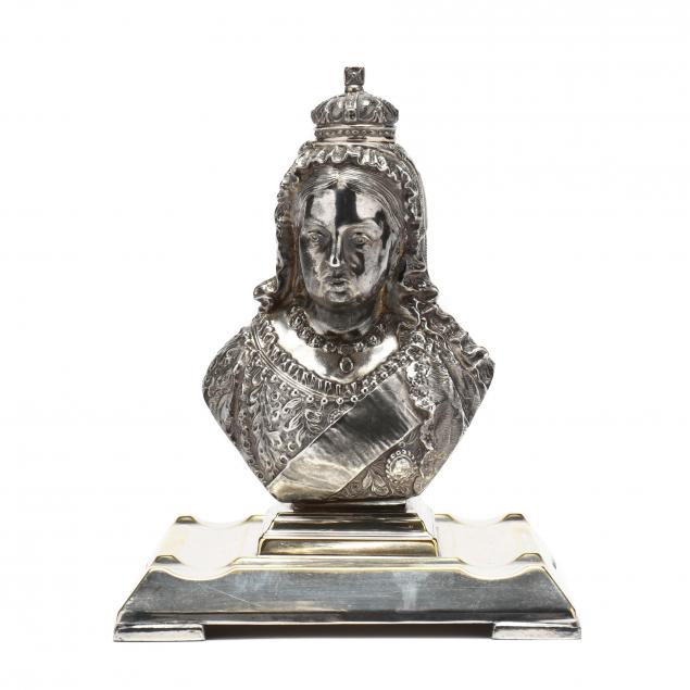 Appraisal: A FIGURAL SILVERPLATE INKWELL FOR QUEEN VICTORIA'S DIAMOND JUBILEE Mark