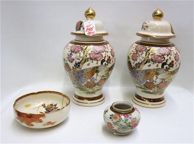 Appraisal: FOUR PIECES JAPANESE SATSUMA pair covered jars heights diameter bowl