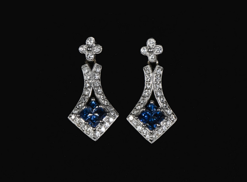 Appraisal: PR GOLD SAPPHIRE DIAMOND EARRINGS Pair of K White Gold