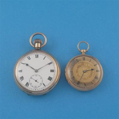 Appraisal: An open faced ct gold fob watch the decorated dial