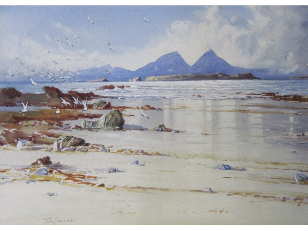 Appraisal: TOM CAMPBELL - Watercolour 'The island of Jura from Carsaig