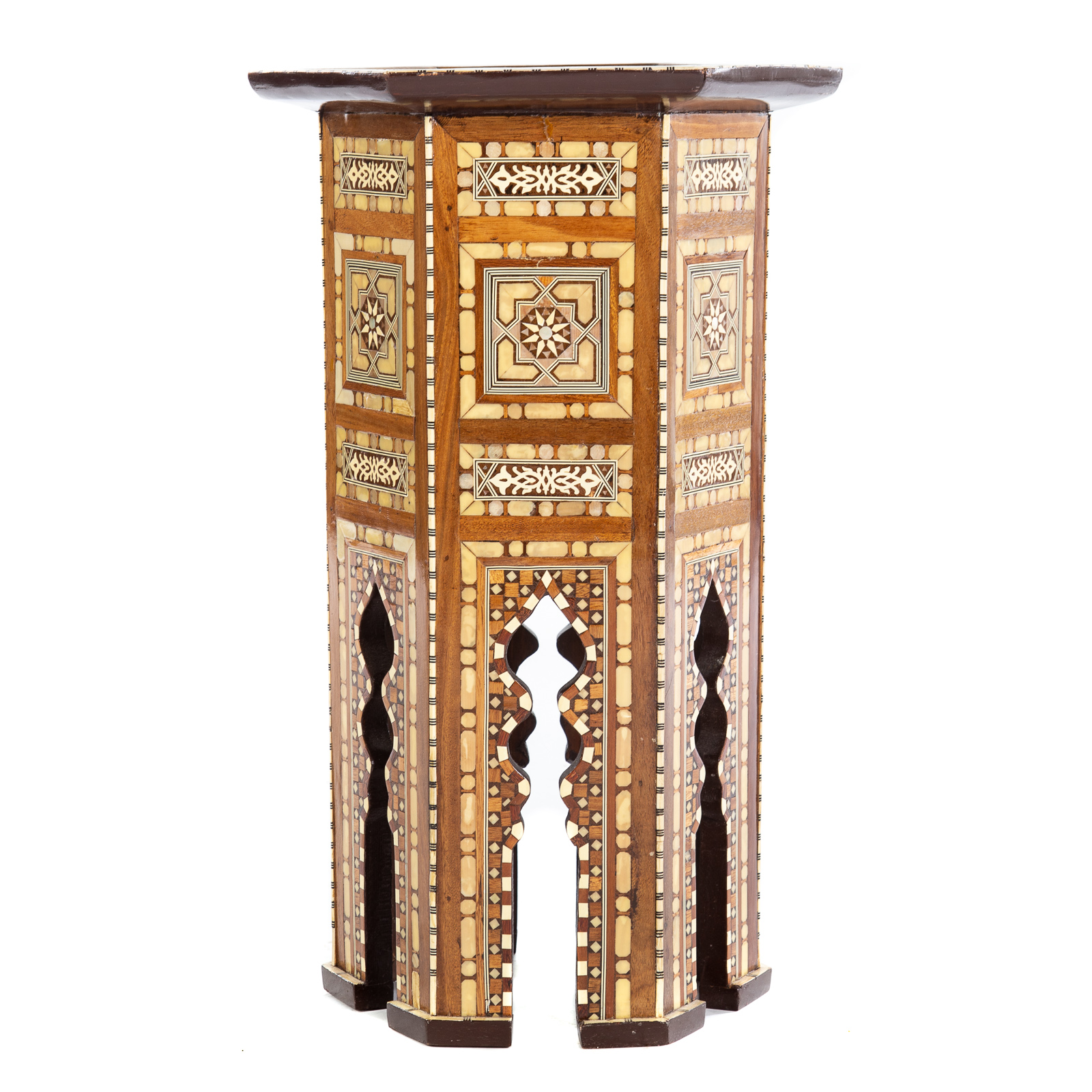 Appraisal: SYRIAN INTARSIA INLAID SIDE TABLE Hexagonal stand with elaborate inlay