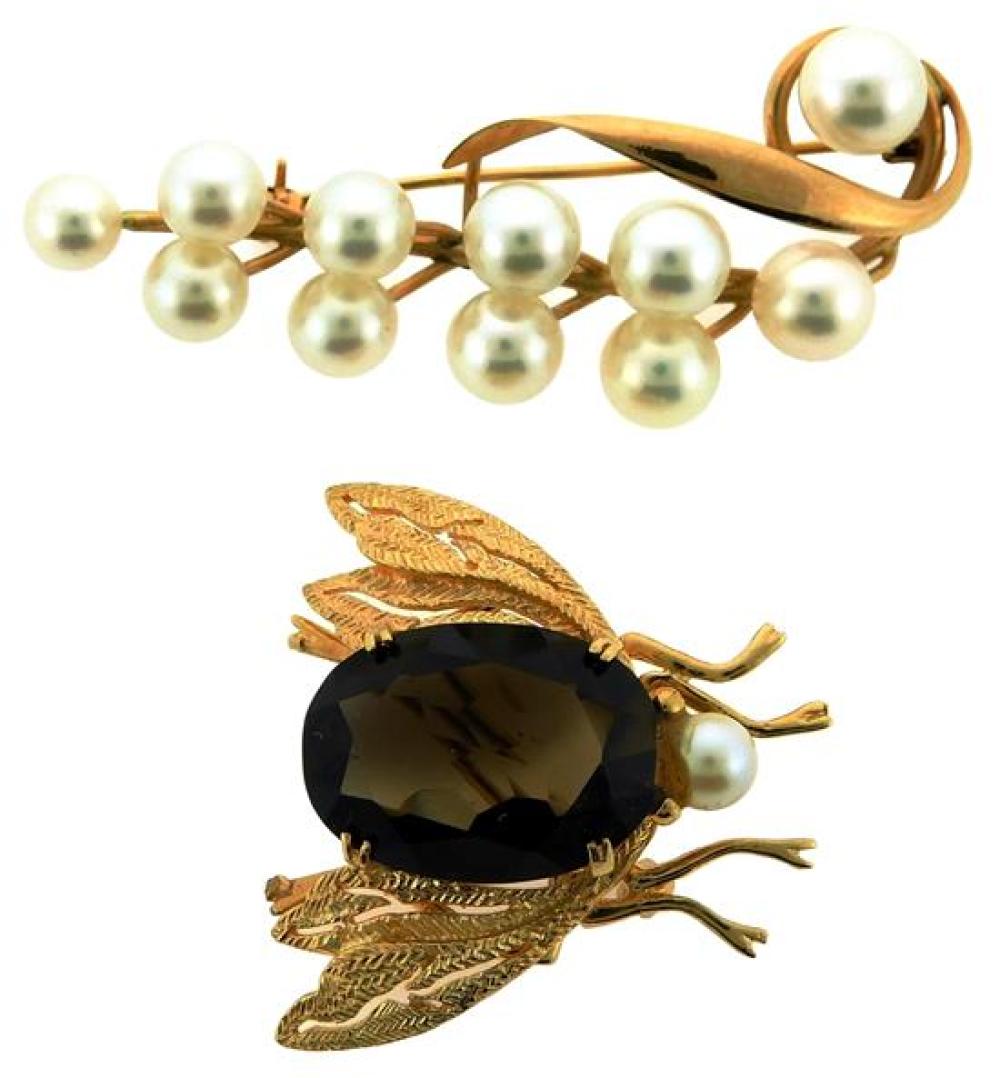 Appraisal: JEWELRY Two K gold pins K Smoky quartz and pearl