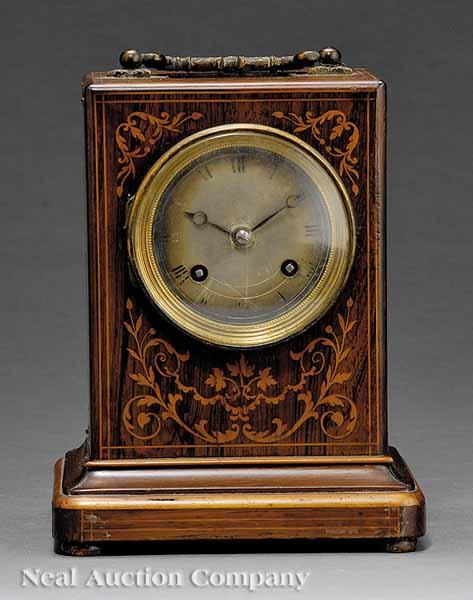 Appraisal: An Edwardian Rosewood Inlaid Shelf Clock c cast bail handle